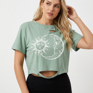 Women's <b>Green</b> <b>Crop</b> <b>Top</b> With Sun And Moon Print O-Neck Short Sleeve Casual Loose Fit Jersey T-Shirt Spring Summer Style - Product Image 6