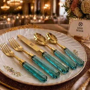 2022 Hot Selling Good Design India Cutlery Set Blue <b>Acrylic</b> Handle 304 Stainless Steel Gold PVD Coated <b>Mirror</b> Polish Flatware - Product Image 1