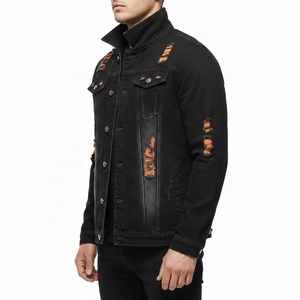 Veste en jean noire personnalisée de haute qualité avec logo, pour homme, déchirée, effet vieilli, style vintage, streetwear, motard, 100% coton - Product Image 4