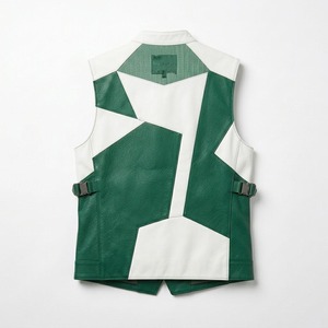 <b>Men's</b> Green <b>White</b> Genuine Leather Biker <b>Vest</b> Stand Collar Color Block Spliced Waistcoat - Product Image 6