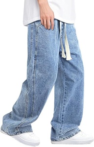 Vaqueros de mezclilla para hombre, lavados a la piedra, de pierna ancha, corte holgado, talla grande, cintura media, estilo casual urbano, 100% algodón - Product Image 3