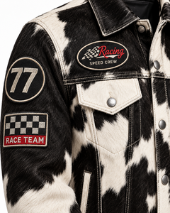 Veste de moto en cuir de vachette pour homme, noir et blanc, imprimé animal, avec patchs - Product Image 6