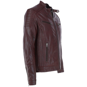 Chaqueta de Motociclista de Cuero Genuino Color Borgoña para Hombre, Cuello Alto, Cierre de Cremallera, Manga Regular, Estilo Otoñal - Product Image 2