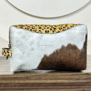 Nouveau Logo personnalisé véritable cuir de vachette fermeture éclair maquillage sac cosmétique imprimé léopard en cuir voyage trousse de toilette pochette pour les femmes - Product Image 4