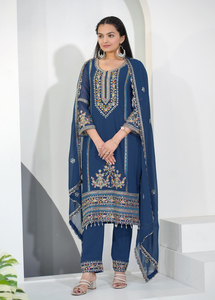 Faux Georgette Embroidered <b>Kurti</b> Pant Set with Dupatta Traditional Sequence Work Three Piece Salwar Suit for Women - Product Image 2
