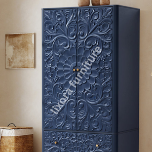 Luxury Handcrafted Solid Wood 2 Door <b>Wardrobe</b> Ornate Floral Carving Royal Navy Blue Finish Armoire - Product Image 5
