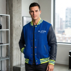 Veste pour homme MA_ATTIERA, manches en cuir PU bleu, logo brodé, style décontracté, coupe classique, col rabattu, pour l'automne - Product Image 3