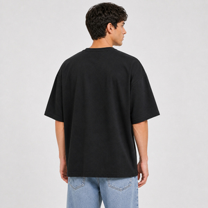 T-shirt en coton noir surdimensionné pour homme, manches courtes, col rond, style décontracté, couleur unie, tricoté, écologique, 240g - Product Image 2