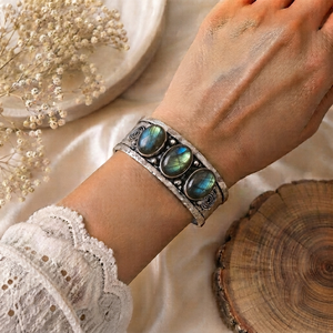 Natural Labradorite Three Stone Wide <b>Cuff</b> Bangle Handmade Gold/<b>Silver</b> Plated Brass Adjustable Vintage Unisex Classic Statement - Product Image 2