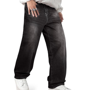 Jean en denim noir délavé coupe large pour homme, style vintage, couleur unie, coupe ample, streetwear, décontracté, pour soirée - Product Image 1