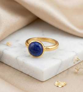 Natural Lapis Lazuli 8mm Cabochon Gemstone Christian Bohemian Gold Plated Minimalist <b>Ring</b> Bezel Setting Elegant Stackable - Product Image 6