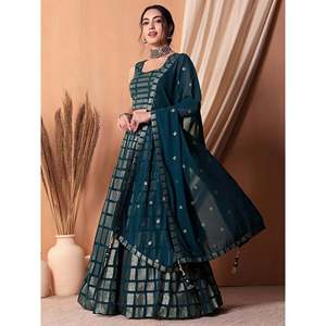 Teal Blue <b>Sequins</b> Georgette Party Wear Lehenga Choli for Women - Product Image 2