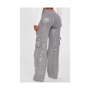 กางเกงผู้หญิง Joel แฟชั่นล่าสุด ลายพิมพ์สีเงิน ผ้าฝ้าย 100% เอวสูง ระบายอากาศได้ดี กางเกงคาร์โก้ทรงขาบานสำหรับสาวพลัสไซส์ - Product Image 2