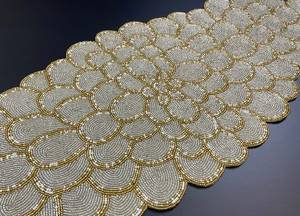 Luxury Embroidered <b>Table</b> <b>Runner</b> Floral Pattern <b>Gold</b> Beige Home Decor - Product Image 3