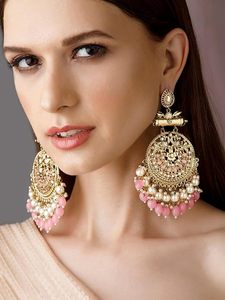 Pendientes étnicos indios Kundan Chandbali con perlas, chapados en oro, hechos a mano, para bodas y fiestas, accesorios para mujer. - Product Image 3