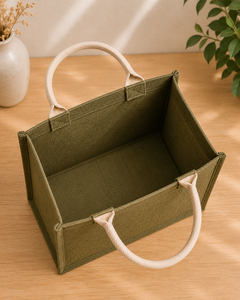 Jute Shopping <b>Bag</b> Green With <b>White</b> Floral Print Medium Size Top Handle Daily Use - Product Image 3