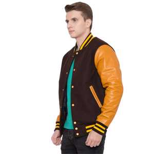 Men's Brown Orange Varsity Jacket Canvas Sleeve Regular Fit Stand Collar <b>Button</b> Closure Casual Outerwear Winter Wear Reversible - Product Image 2