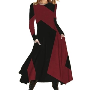 Nouveau 2024 femmes décontracté élégant robe de soirée contraste couleur dames printemps automne ample à manches longues robe avec poches robe Midi - Product Image 5