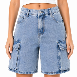 <b>Women</b>’s Premium Blue Denim Cargo <b>Shorts</b> High Waist <b>Utility</b> <b>Shorts</b> Washed Denim Casual Bottomwear Multi Pocket Design Relaxed Fit - Product Image 1