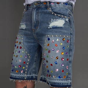 Pantalones cortos de mezclilla marrón de alta calidad con paneles dobles de rodilla personalizados con múltiples pedrerías, pedrería grande y cortes clásicos, lavado vintage y peso pesado. - Product Image 6