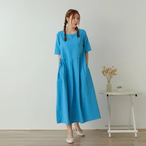 Vestido Maxi de Lino y Algodón Estilo Bohemio, Azul, Manga Media, Corte Holgado, Casual, Veraniego - Product Image 1