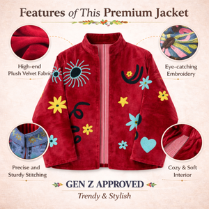 Veste bomber en velours rouge brodée à la main pour femmes, manches longues, col montant, manteau d'hiver avec poches - Product Image 6