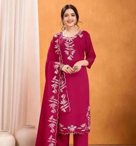 Ensemble de costumes pour femmes en soie Vichitra brodée, vêtements ethniques de luxe pour les occasions spéciales, couleurs violet, bleu, rose, vente en gros, boutique, achat en gros - Product Image 4