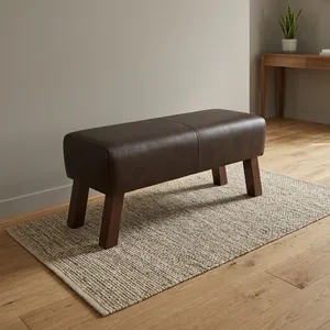 Banc vintage en cuir avec pieds en bois massif, banc de salle à manger rembourré, tabouret ottoman pour entrée - Product Image 2