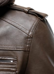 Men's Brown PU Leather Hooded Moto <b>Jacket</b> Zipper Front <b>Slim</b> <b>Fit</b> Autumn Style Windproof Regular Sleeve - Product Image 6