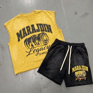 Wholesale Custom Acid Wash <b>Men</b> Tracksuit Studded Sleeveless T Shirt Shorts Set Vintage Distressed Heavyweight Gym Streetwear - Product Image 3
