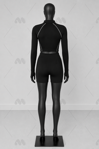 Ensemble de yoga 2 pièces pour femme, noir uni, haut court à manches longues avec quart de zip, short taille haute, bordure contrastante, sans couture, respirant - Product Image 4