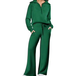 Women's Green Hooded Tracksuit Full Sleeve Solid Design Casual Loose Fit <b>Sweatshirt</b> And Pants Set With Side Pockets - Product Image 2