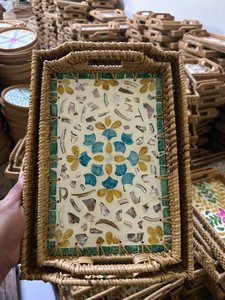 Spring Flower Round Handmade Rattan Mother Pearl Serving Tray Coffee <b>table</b> tray Decorative tray Tea tray Cocktail tray - Product Image 4