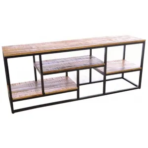 Industrial TV Unit With Set Of Shelves Solid Wood In Rustic Natural Rough Finish Mango Wooden With Black Iron Frame Console