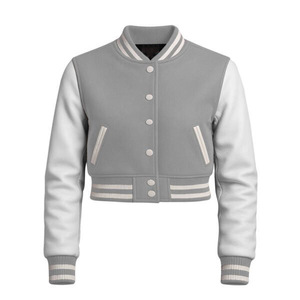 Women's Gray Varsity Jacket Full Sleeve Stand Collar Polyester Cotton Woven Solid Color Regular Length Button Closure - Product Image 1