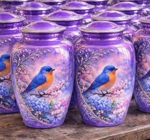 Urna Funeraria Morada para Adultos, Pintada a Mano con Pájaro Azul y Flores, Urna de Aluminio para una Memoria Tranquila - Product Image 1