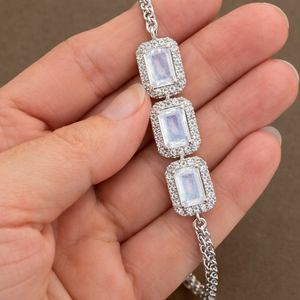 Trendy <b>Rainbow</b> Moonstone Emerald-Cut Micro Insert Women's Chain Bracelet Rhodium Plated 925 Sterling Silver Wedding Party Gift - Product Image 1