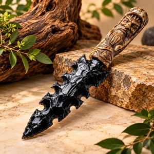 Dague en obsidienne noire taillée à la main avec manche style roi viking, couteau rituel en pierre fait main, athame gothique païen, cadeau - Product Image 1