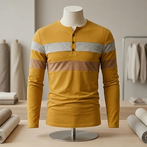 Mens Multi Color Striped Henley Shirts Long Sleeve Crew Neck Button Tee Comfortable Cotton Patchwork Yellow Urban Pullover Tops - Product Image 4
