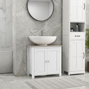 Mobiletto lavabo bianco con piedistallo, a forma di U e ripiano interno regolabile, per bagno - Product Image 2