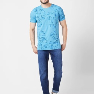 เสื้อยืดคอกลมแขนสั้นลายดอกไม้สีน้ำเงินสำหรับผู้ชาย ผ้าฝ้ายเจอร์ซีย์ ทรงปกติ สไตล์ลำลอง - Product Image 3