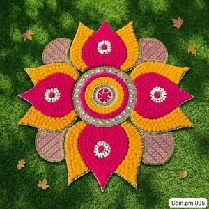 Tapis Rangoli traditionnel avec motif pompon rose, jaune et blanc pour la décoration de mariage et de festival - Product Image 5