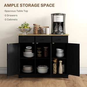 Mobiletto da Cucina Nero con 3 Cassetti e Ante Regolabili, Piano in Legno, Credenza per Bar o Angolo Caffè - Product Image 4