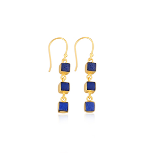 Natural Lapis Lazuli Triple Stone Brass Gold Plated <b>Hook</b> Shape <b>Earrings</b> for Women - Product Image 1