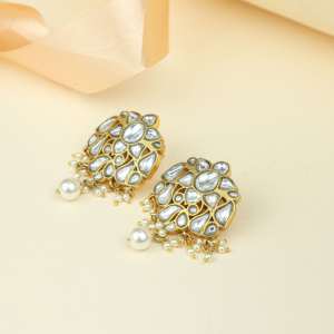 Luxury Anokhi Kundan Work <b>Huggie</b> Earrings 925 <b>Silver</b> Antique <b>Silver</b> Plated Crystal & Rhinestone Gift for Women - Product Image 1