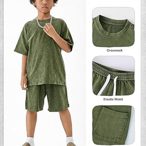 Men High Quality Acid Wash Cotton Summer <b>Set</b> T Shirt Shorts Casual Loose Fit Matching Outfit - Product Image 3