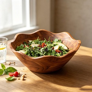 Bol de service moderne minimaliste en bois d'acacia massif, poli à la main, écologique, compatible lave-vaisselle, pour salade, riz, fruits, collations CRAFTSY - Product Image 1