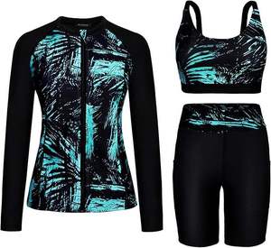 Ensemble de 3 pièces pour femmes, haut de maillot de bain à manches longues, soutien-gorge de sport, short taille haute, tenue de sport - Product Image 3