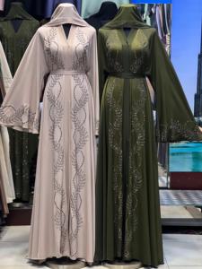 2026 New V Neck Long Sleeve Floor Length Modest Polyester Handmade <b>Flared</b> Hem Abaya Beaded Detail Women's Traditional Muslim - Product Image 2