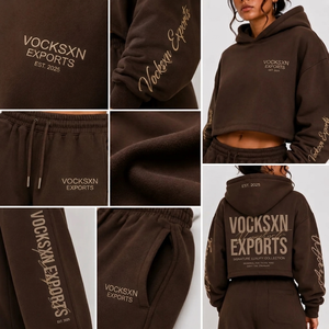 Ensemble pantalon large et sweat à capuche doublé polaire marron pour femme Vocksin INTERNATIONAL, 100 % coton, séchage rapide, style urbain, hiver - Product Image 4